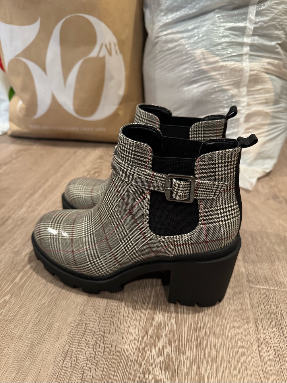 Mix No. 6 Gray Plaid Chelsea Buckle Booties